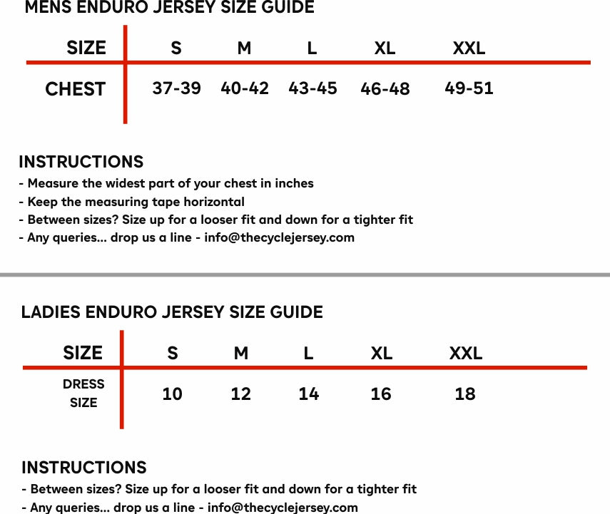 Enduro Jersey Size Chart