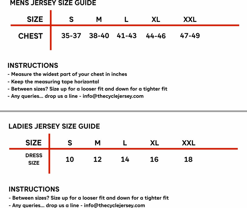 Road Cycling Jersey Size Chart